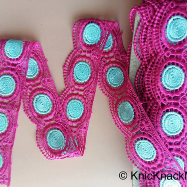 Fuchsia Pink And Blue Embroidery Crochet (Cotton) Lace Trim 55mm Wide